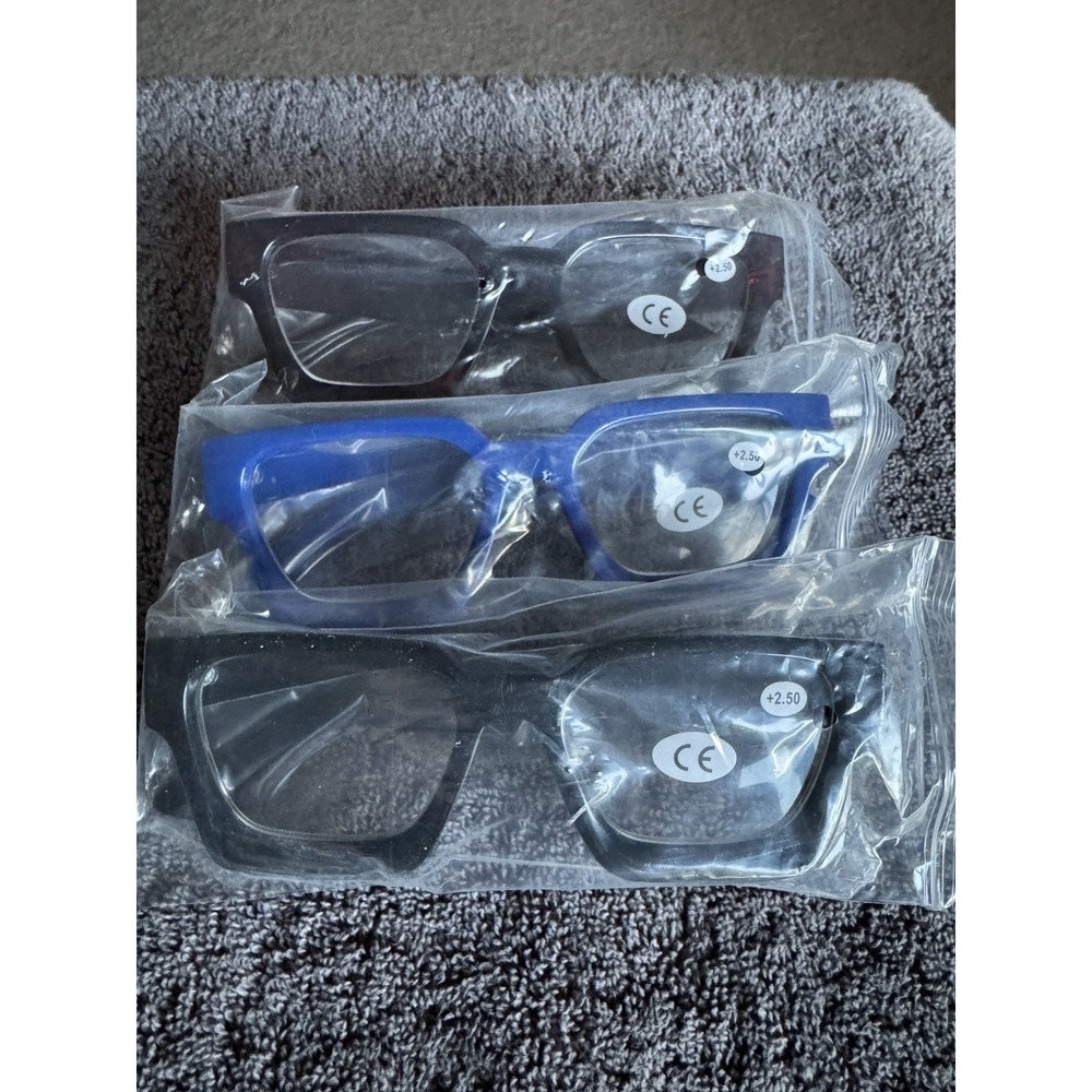 3 Pack Of +2.50 Reading Glasses Readers- Black, Blue Rectangular Frames